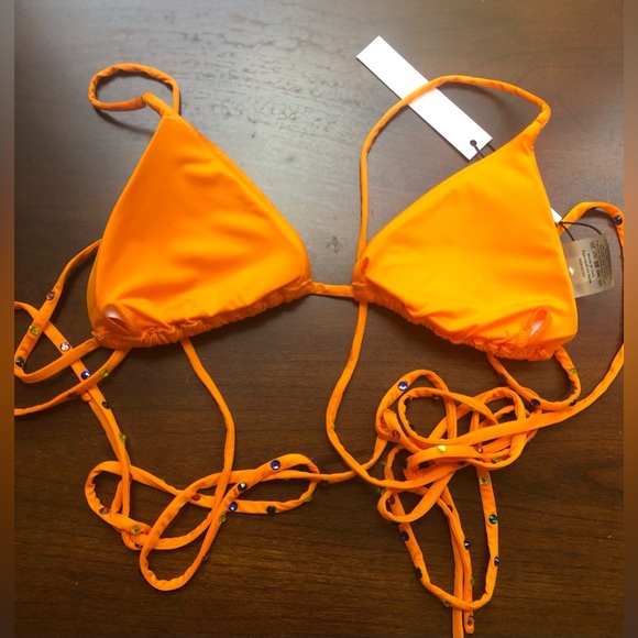 NWT Monica Hansen Stardust Triangle Bikini Top Wraparound Straps Orange Rainbow - Picture 4 of 5